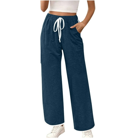 XFLWAM Baggy Sweatpants for Women Drawstring Elastic High Waist Wide Leg Pants Lightweight Loose Fit Track Pants Trousers with Pockets Navy Blue S
