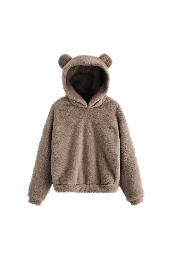 Bear Hoodie Women Fuzzy Pullover Sweater Sherpa Fleece Hooded Sweatshirt Furry Cute Animal Hoodies with Ears Khaki XXL