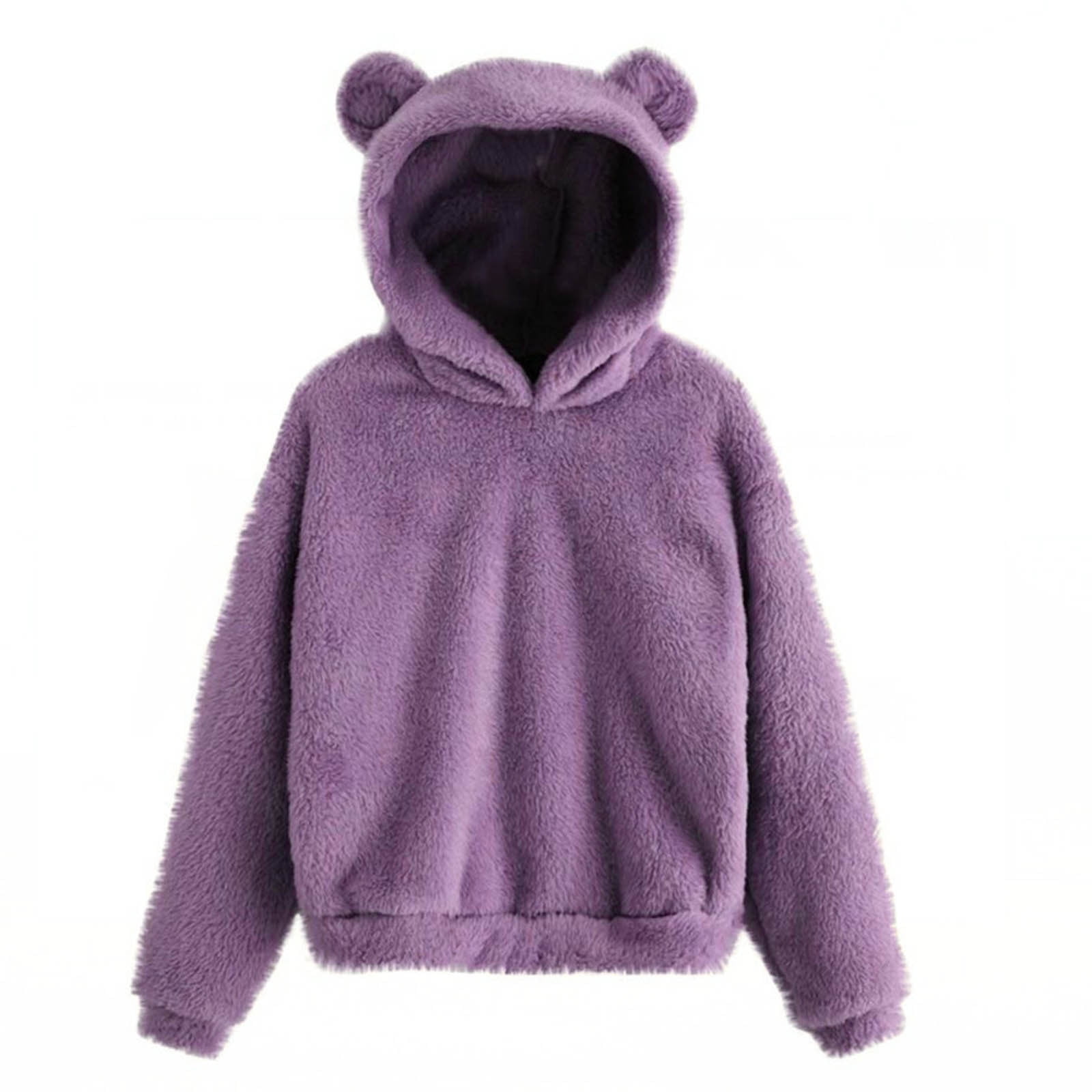 XFLWAM Bear Hoodie Women Fuzzy Pullover Sweater Sherpa Fleece Hooded Sweatshirt Furry Cute Animal Hoodies with Ears Purple XL