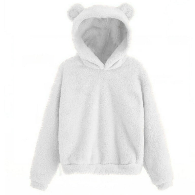 XFLWAM Bear Hoodie Women Fuzzy Pullover Sweater Sherpa Fleece Hooded Sweatshirt Furry Cute Animal Hoodies with Ears White 5XL