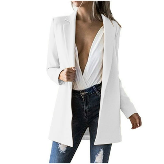 XFLWAM Blazer Jackets for Women Casual Long Sleeve Lapel Blazer Open Front Button Work Office Suit Jacket White L