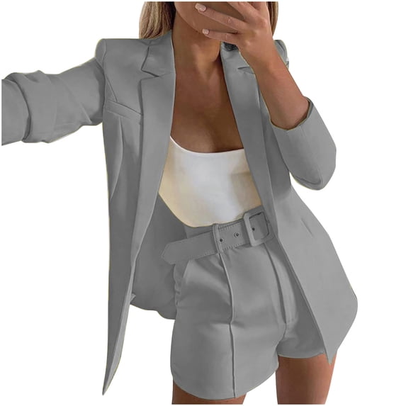 XFLWAM Blazer for Women Long Sleeve Open Front Blazer Casual Elegant Work Office Business Suits with Belt Trendy Outfits Dressy Gray M