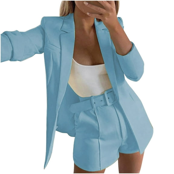 XFLWAM Blazer for Women Long Sleeve Open Front Blazer Casual Elegant Work Office Business Suits with Belt Trendy Outfits Dressy Light Blue S
