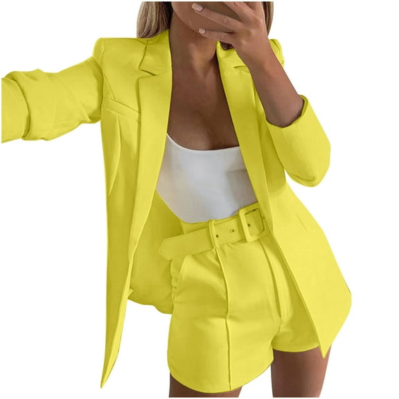 XFLWAM Blazer for Women Long Sleeve Open Front Blazer Casual Elegant Work Office Business Suits with Belt Trendy Outfits Dressy Yellow XXL