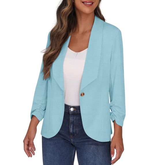 XFLWAM Blazers for Women Business Office Work Slim Fit Suit Jackets Casual Three Quarter Ruched Sleeve Padded Shoulder Blazers Cardigans Light Blue XXL
