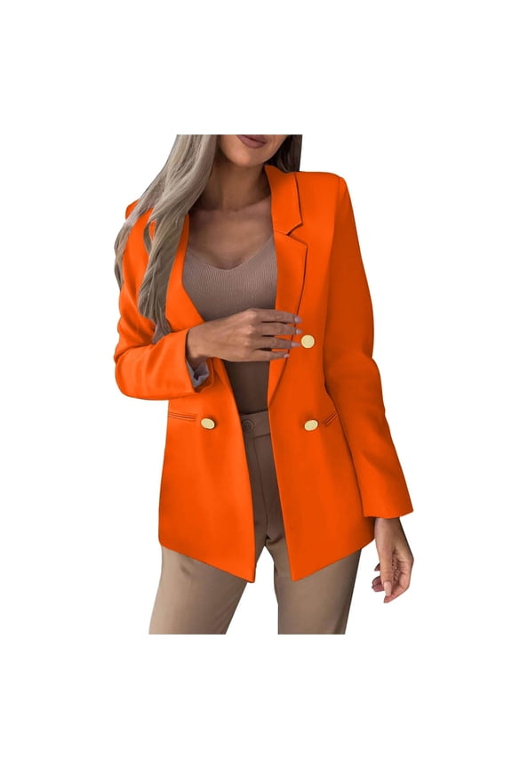Blazers for Women Business Casual Dressy Long Sleeve Lapel Open Front Double Breasted Work Jackets with Pockets Orange S
