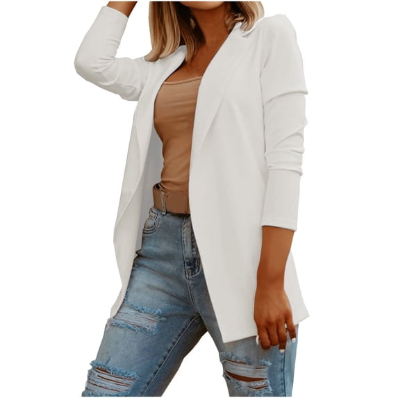 XFLWAM Blazers for Women Business Work Office Suit Jackets Casual Notch Lapel Open Front Long Sleeve Lightweight Blazers White S