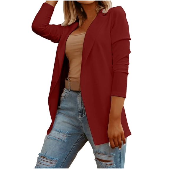 XFLWAM Blazers for Women Business Work Office Suit Jackets Casual Notch Lapel Open Front Long Sleeve Lightweight Blazers Wine Red L