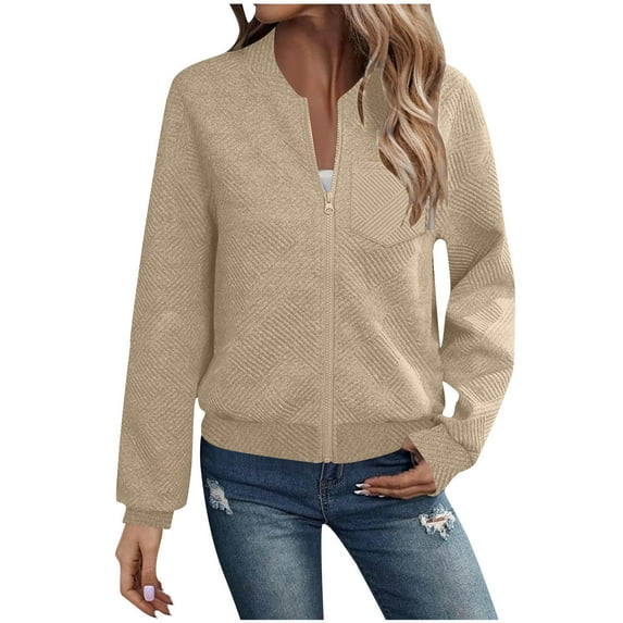 XFLWAM Bomber Jacket Women Textured Lightweight Zip Up Jackets Casual Stand Collar Long Sleeve Coat Fall Outerwear Top Khaki M