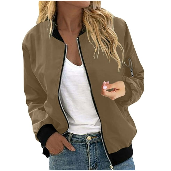 XFLWAM Bomber Jacket Women Zip Up Long Sleeve Stand Collar Coats Fall Causal Lightweight Windproof Outerwear Jackets with Pockets Khaki XL