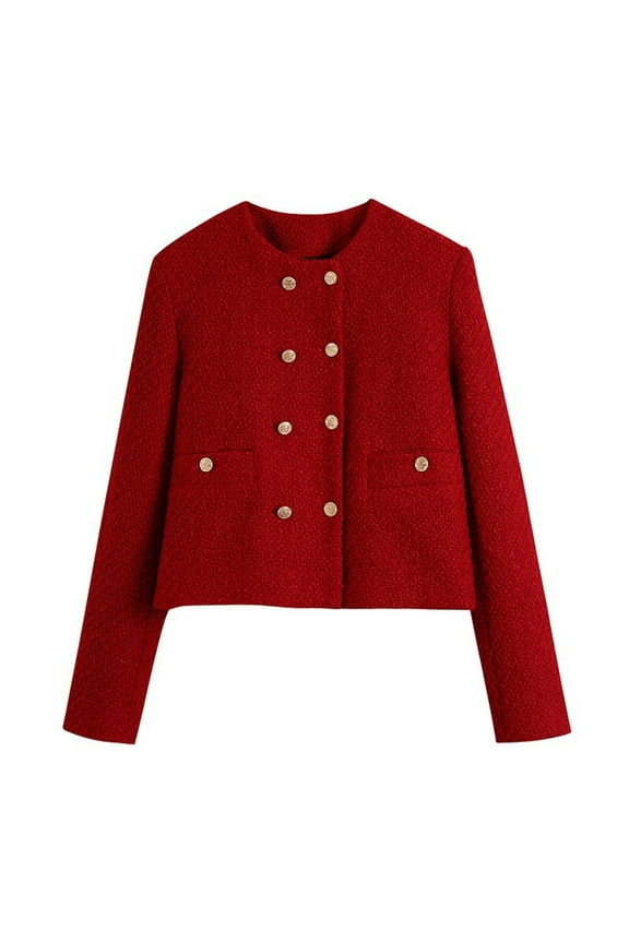 Business Office Blazer for Women Notched Lapel Long Sleeve Dressy Casual Jacket Coat Double Breasted Suit Workwear Red XS