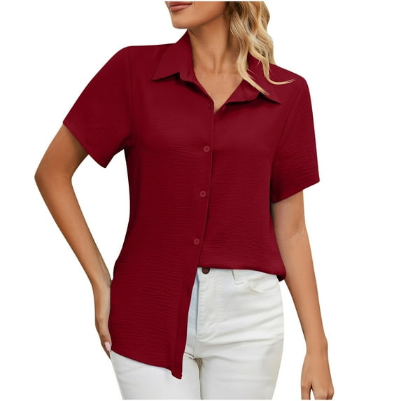 XFLWAM Button Down Shirts for Women Solid Color Short Sleeve Blouse V Neck Collared Tops Wine Red XL
