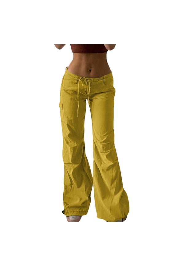 Button Fly Boyfriend Jeans for Women Baggy Straight Leg Low Rise Cargo Vintage Long Denim Pants Yellow L