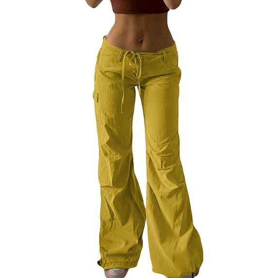 XFLWAM Button Fly Boyfriend Jeans for Women Baggy Straight Leg Low Rise Cargo Vintage Long Denim Pants Yellow L