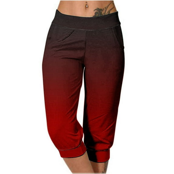 XFLWAM Capri Pants for Women Summer Elastic Waisted Gradient Color Causal Loose Fit Yoga Sweat Pants Workout Joggers with Pockets