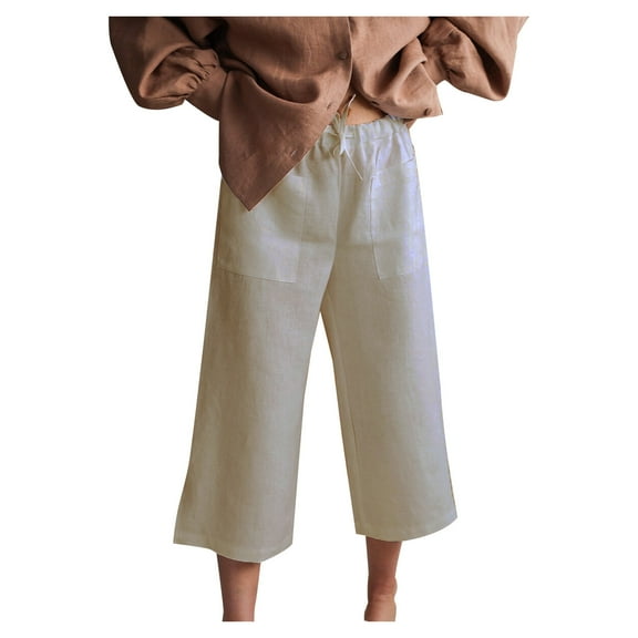 XFLWAM Capri Pants for Women Drawstring Straight Leg Palazzo Elastic Waisted Trousers with Pockets Casual Lounge Summer Pants