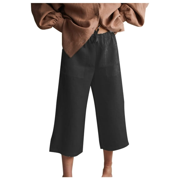 XFLWAM Capri Pants for Women Drawstring Straight Leg Palazzo Elastic Waisted Trousers with Pockets Casual Lounge Summer Pants