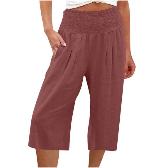 XFLWAM Capri Pants for Women Summer High Waisted Cotton Linen Loose Palazzo Pants Wide Leg Comfy Lounge Pant Trousers Pockets Wine Red 3XL