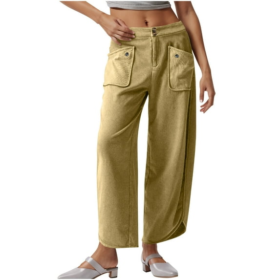 XFLWAM Capri Pants for Women Wide Leg Sweatpants Casual Baggy Mid Waist Cropped Cargo Pants Oversized Barrel Lounge Pants with Pockets Khaki M