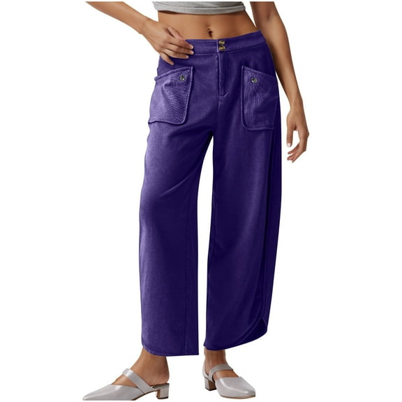 XFLWAM Capri Pants for Women Wide Leg Sweatpants Casual Baggy Mid Waist Cropped Cargo Pants Oversized Barrel Lounge Pants with Pockets Purple L