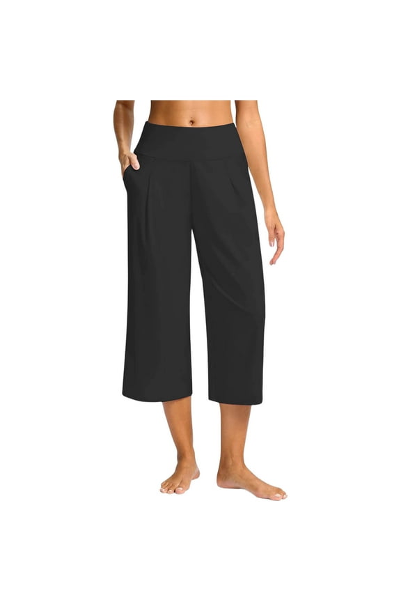 Capri Pants for Women Wide Leg Yoga Casual Cropped Pants with Pockets Loose Tummy Control High Waist Capris Black XXL