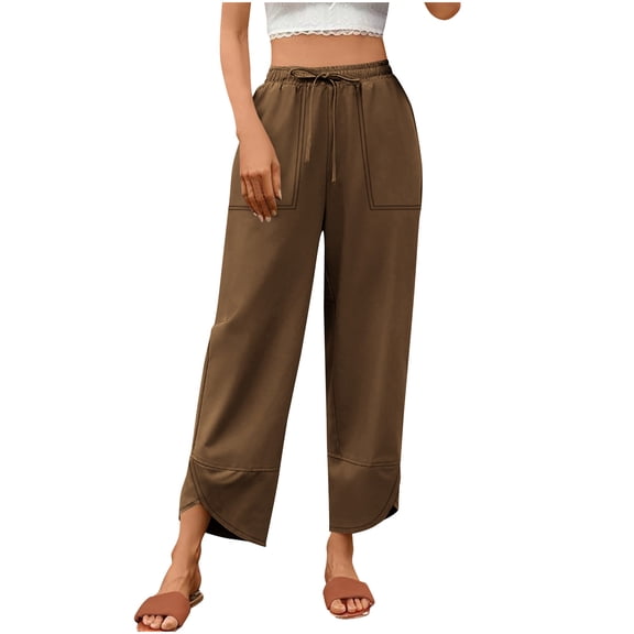 XFLWAM Capris Pants for Women Summer Baggy Elastic High Waist Cropped Trousers Casual Loose Wide Leg Pallazzo Pants Brown S