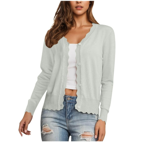 XFLWAM Cardigan Sweaters for Women V Neck Scalloped Long Sleeve Button Down Knit Cardigan Casual Lightweight Shrugs Sweater Jackets Light Gray XL