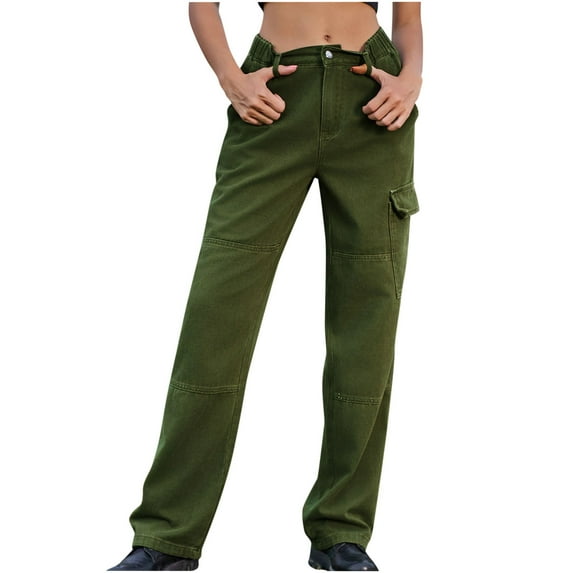 XFLWAM Cargo Pants Women High Waisted Baggy Casual Pants with Pockets Straight Wide Leg Trousers Y2K Pants Army Green XXL