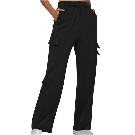 XFLWAM Cargo Pants Women Straight Leg Casual Elastic Work Pants Athletic Comfy Loose Stretchy Hiking Pants with Pockets Black L