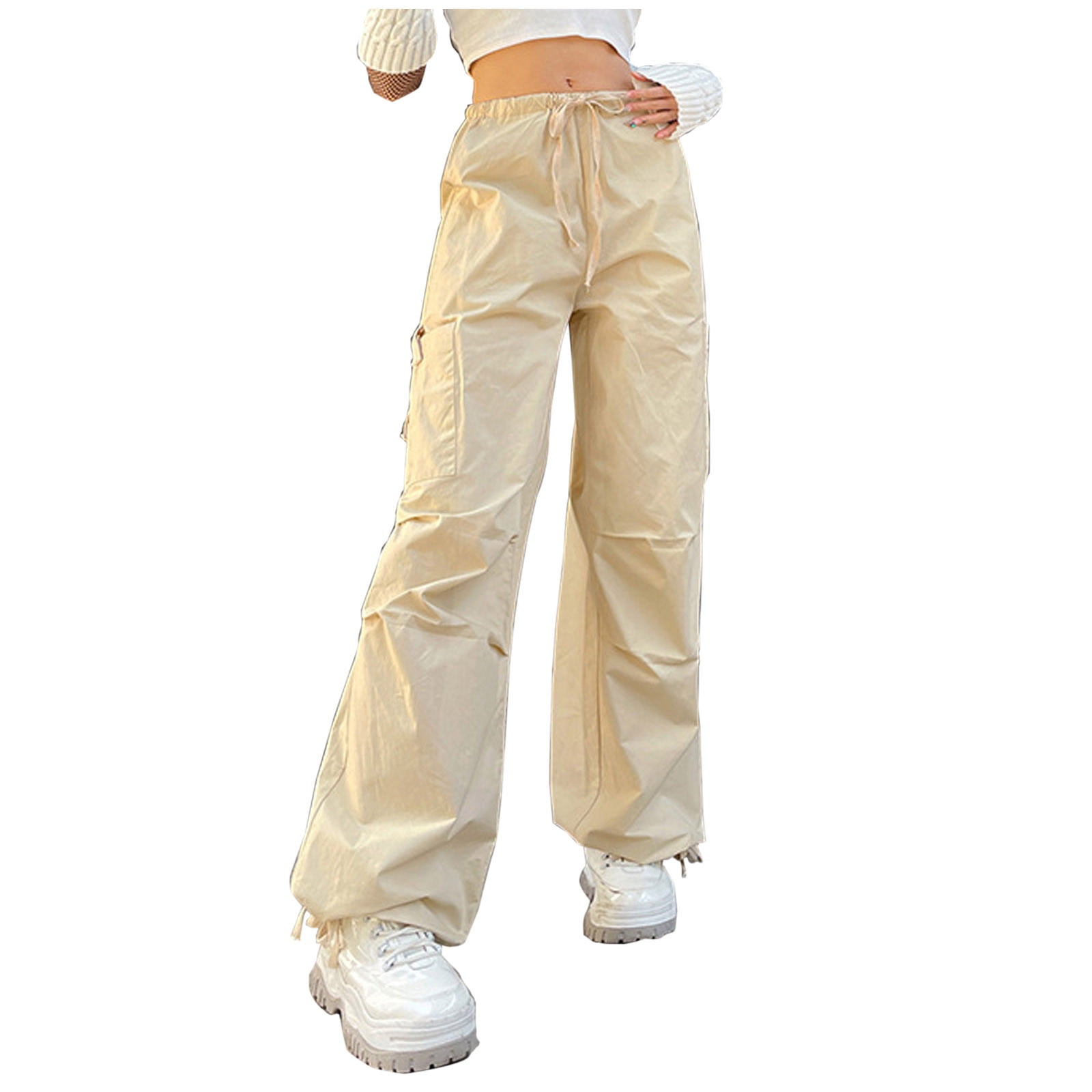 XFLWAM Cargo Pants for Women Baggy Y2K Low Waist Drawstring Wide Leg  Parachute Trousers Pocket Jogger Sweatpants Beige L 
