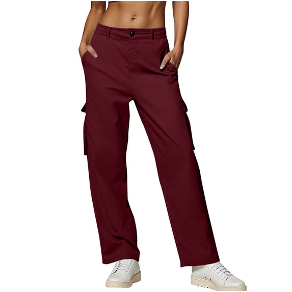 XFLWAM Cargo Pants for Women High Waisted Wide Leg Casual Pants Lightweight Active Track Streetwear Trousers with Pockets Wine Red L