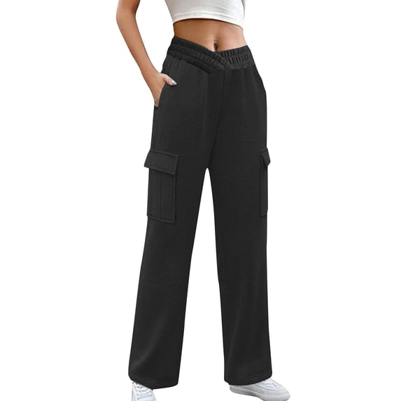XFLWAM Cargo Sweatpants Women V Crossover Waist Baggy Y2K Pants Loose Fit Athletic Joggers Wide Leg Lounge Trousers with Pockets Black XXL