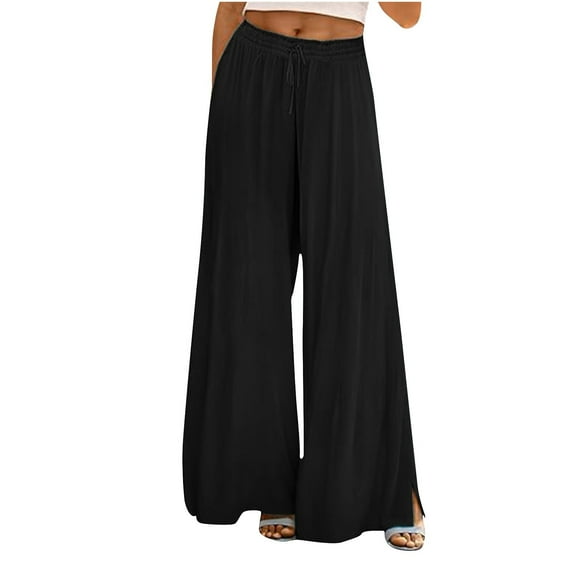 XFLWAM Casual Wide Leg Pants for Women Drawstring Elastic High Waist Palazzo Pants Summer Solid Color Baggy Flowy Trousers Black XL