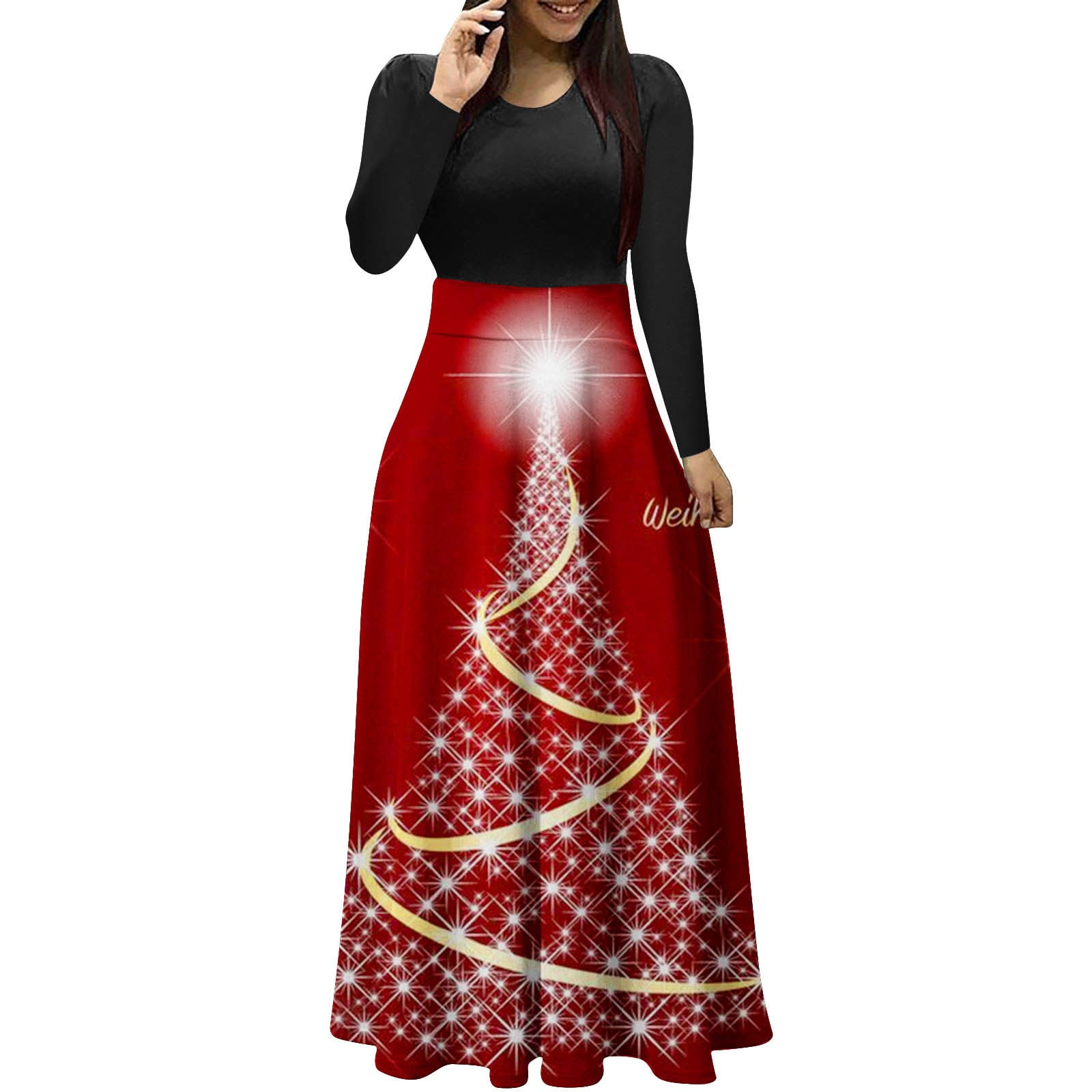 XFLWAM Christmas Maxi Dress for Women Casual Xmas Tree Santa Claus ...