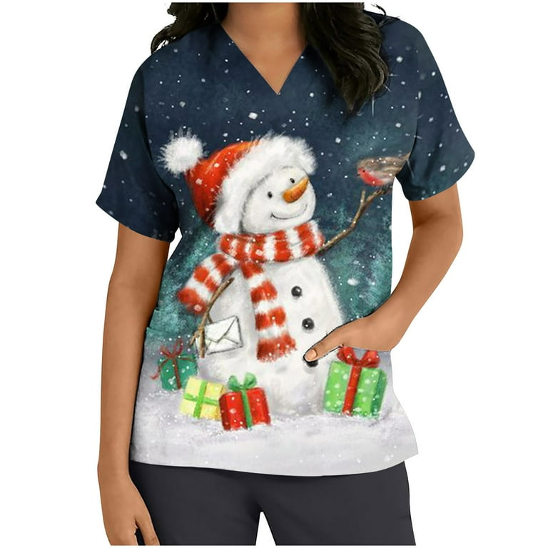 XFLWAM Christmas Scrubs Tops for Women Plus Size Short Sleeve V