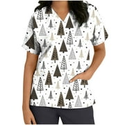 XFLWAM Christmas Scrubs Tops for Women Plus Size Short Sleeve V Neck Snowflake Xmas Tree Santas Nursing Uniform Tshirts Scrub Tops Gray XXL