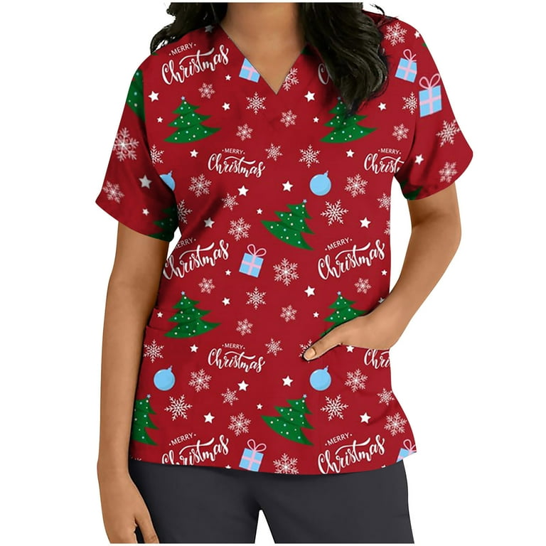 XFLWAM Christmas Scrubs Tops for Women Plus Size Short Sleeve V