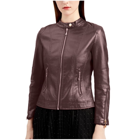 XFLWAM Classical Fall Jackets for Women Plus Size Womens Leather Jacket Faux Motorcycle Biker Coat Lightweight Outwear Coat Coffee XXL