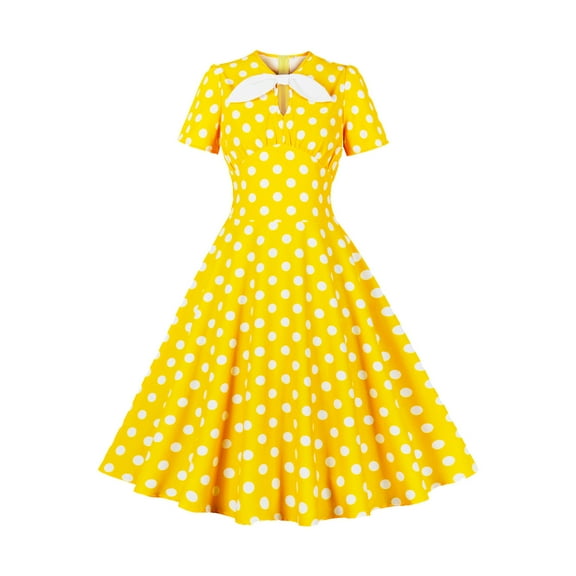 XFLWAM Cocktail Party Dress for Women Bow Tie V Neck 50s 60s Vintage Dress 1950s Retro Rockabilly Hepburn A-Line Swing Tea Dresses