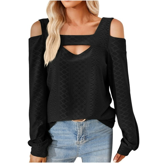 XFLWAM Cold Shoulder Tops for Women Casual Long Sleeve Tunic Tops Square Neck Cut Out Shirts Solid Color Loose fit Blouse Black XXL