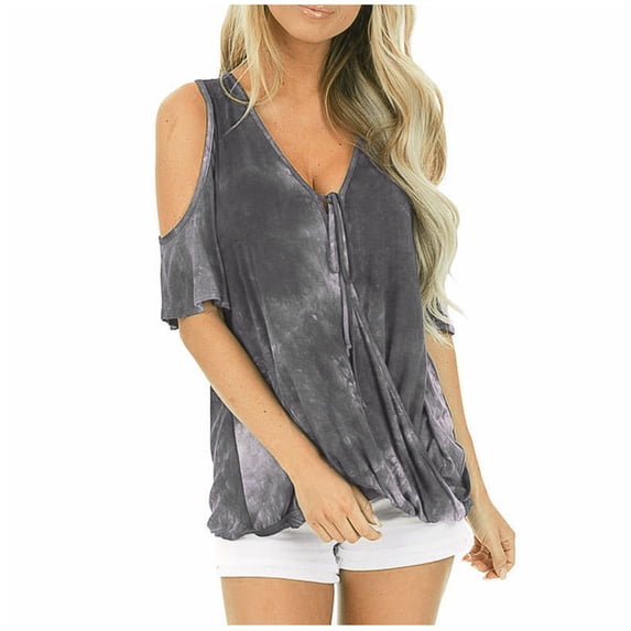 XFLWAM Cold Shoulder Tops for Womens Plus Size Shirts V Neck Tie Tunic Ruffle Sleeve T Shirts Loose Summer Clothes Gray 3XL