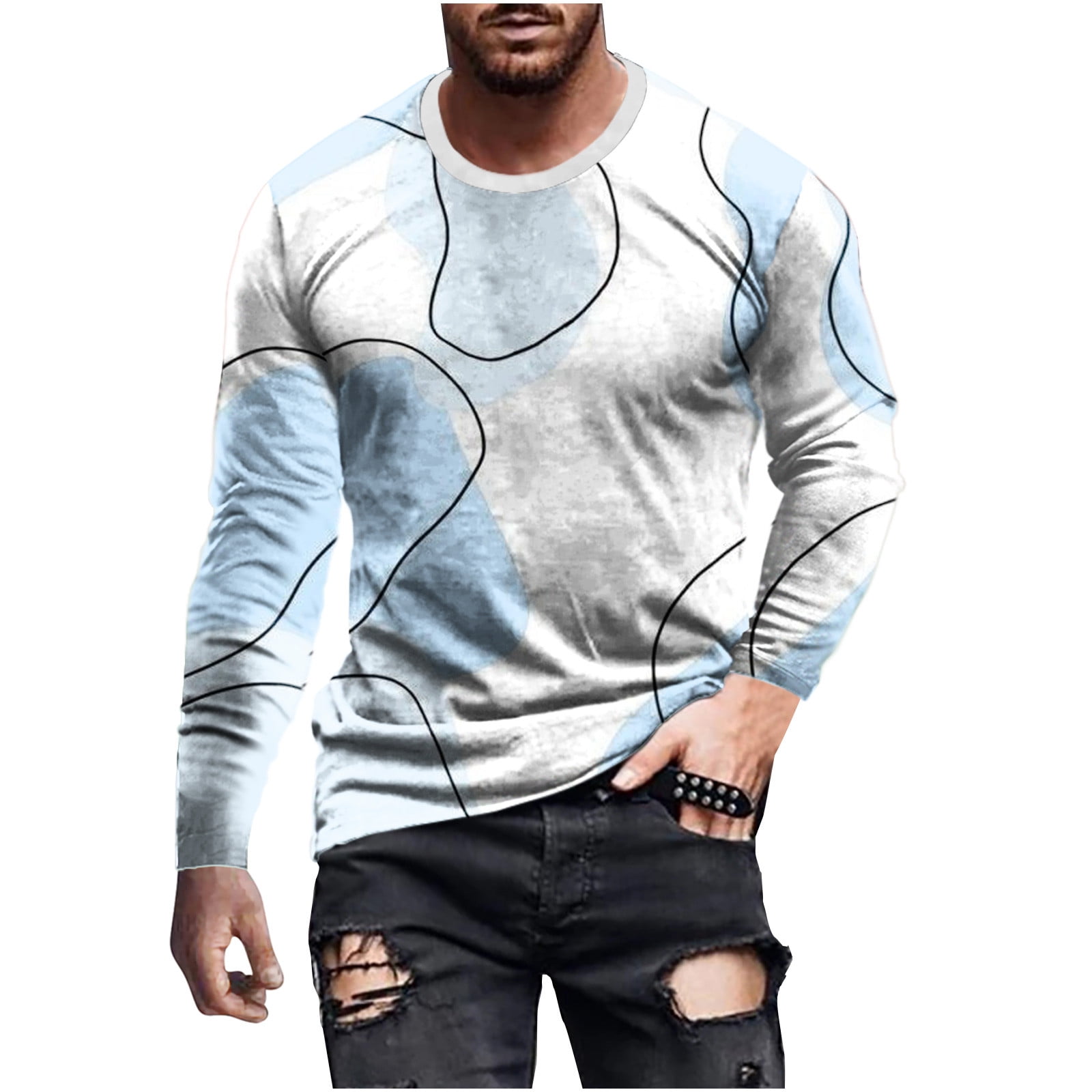 XFLWAM Color Block Stylish T Shirts for Men Long Sleeve 3D Printing Cool  T-Shirt Newest All-Match Round Neck Pullover Top Blue M 