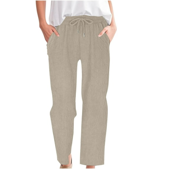 XFLWAM Corduroy Pants for Women Drawstring Elastic High Waisted Straight Leg Pants Solid Color Casual Loose Trousers with Pockets Beige L