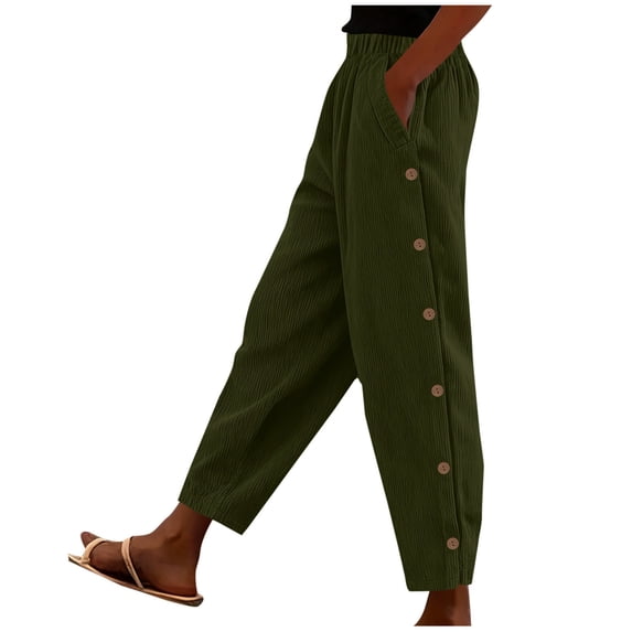 XFLWAM Corduroy Pants for Women Elastic Waist Straight Leg Side Button Pant Casual Lightweight Comfy Trousers with Pockets