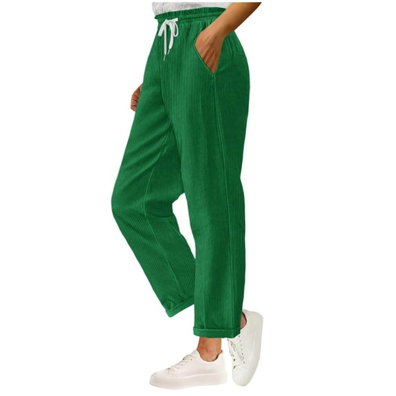 XFLWAM Corduroy Pants for Women Straight Leg Drawstring High Waisted Cuffed Trousers Dressy Casual Loose Comfy Slacks with Pockets