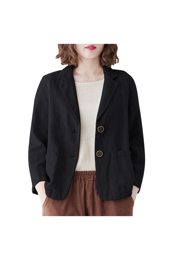 Cotton Linen Blazer for Womens Long Sleeve Notch Lapel Collar Suit Jackets Work Office Casual Loose Blazers Black L