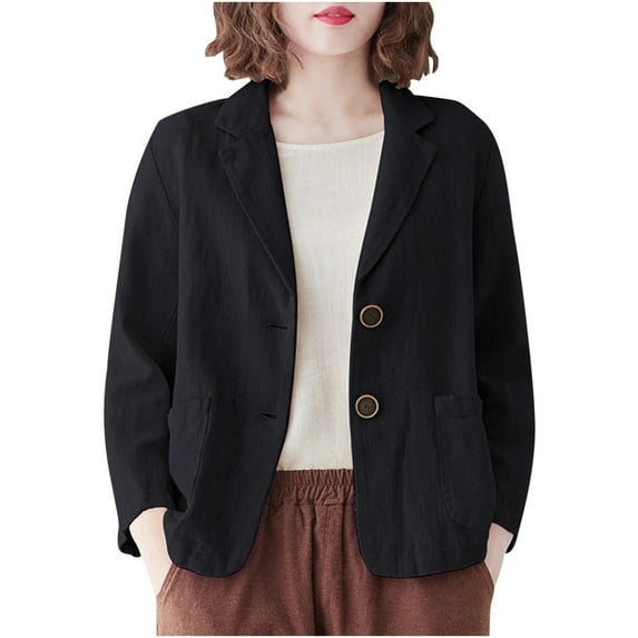 XFLWAM Cotton Linen Blazer for Womens Long Sleeve Notch Lapel Collar Suit Jackets Work Office Casual Loose Blazers Black XL