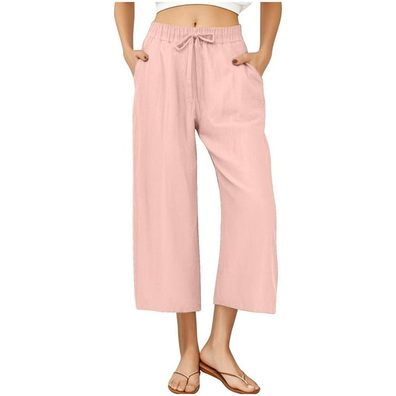 XFLWAM Cotton Linen Pants for Women Wide Leg Cropped Lounge Trousers Drawstring Elastic Waist Summer Beach Pant Outfits Pink M