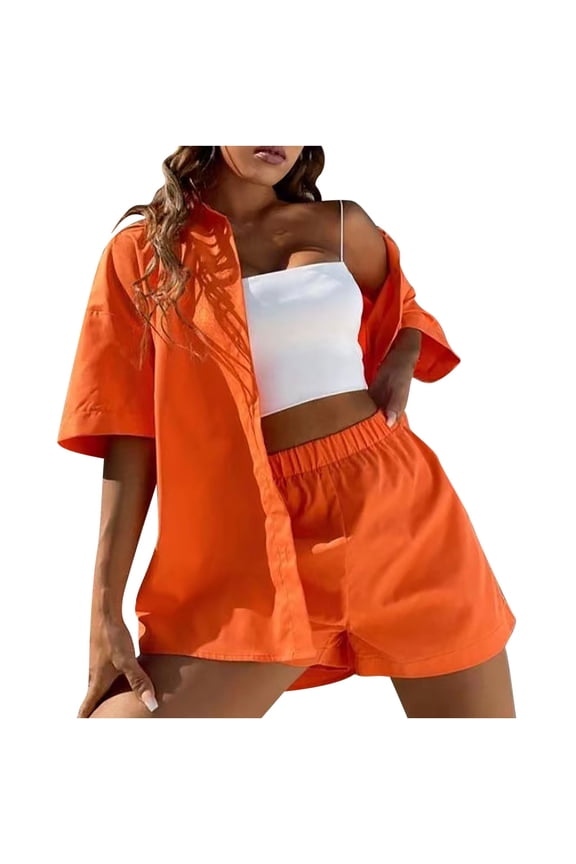Cotton Linen Short Sets for Women 2 Piece Outfits Short Sleeve Button Down Shirts Shorts Lounge Beach Vacation Summer Tracksuits Orange S