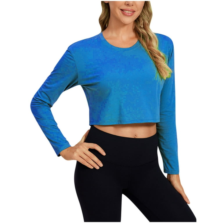 XFLWAM Cotton Long Sleeve Shirts for Women Workout Crop Tops Loose Cropped  T-Shirts Athletic Gym Shirts Blue XL